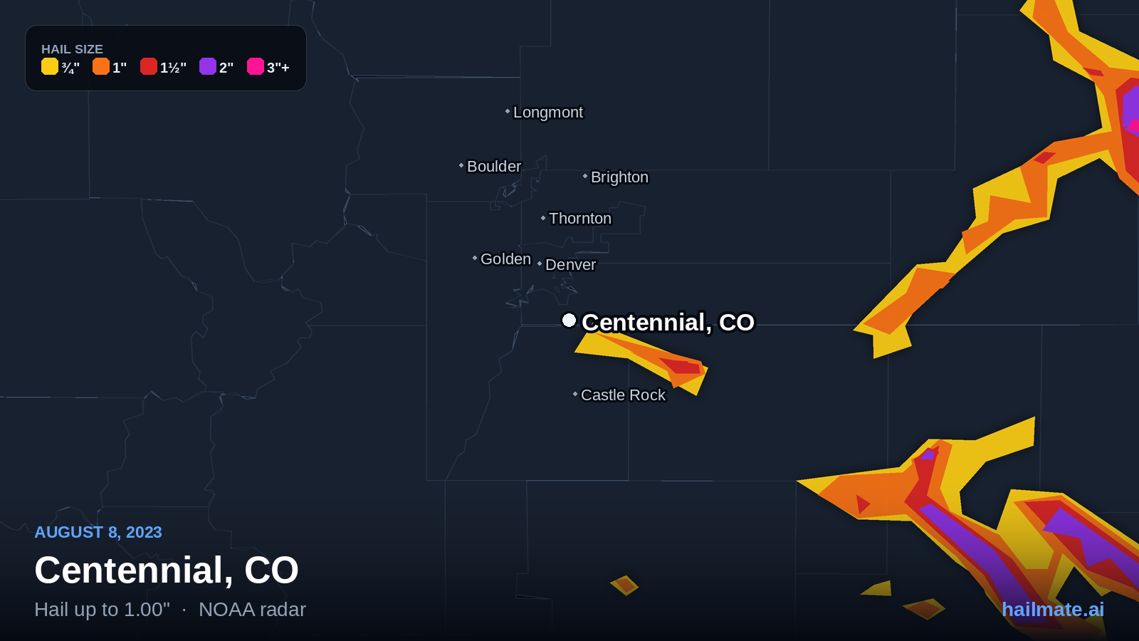 Hail swath map for Centennial, CO on August 8, 2023 showing 1.00 inch hail.