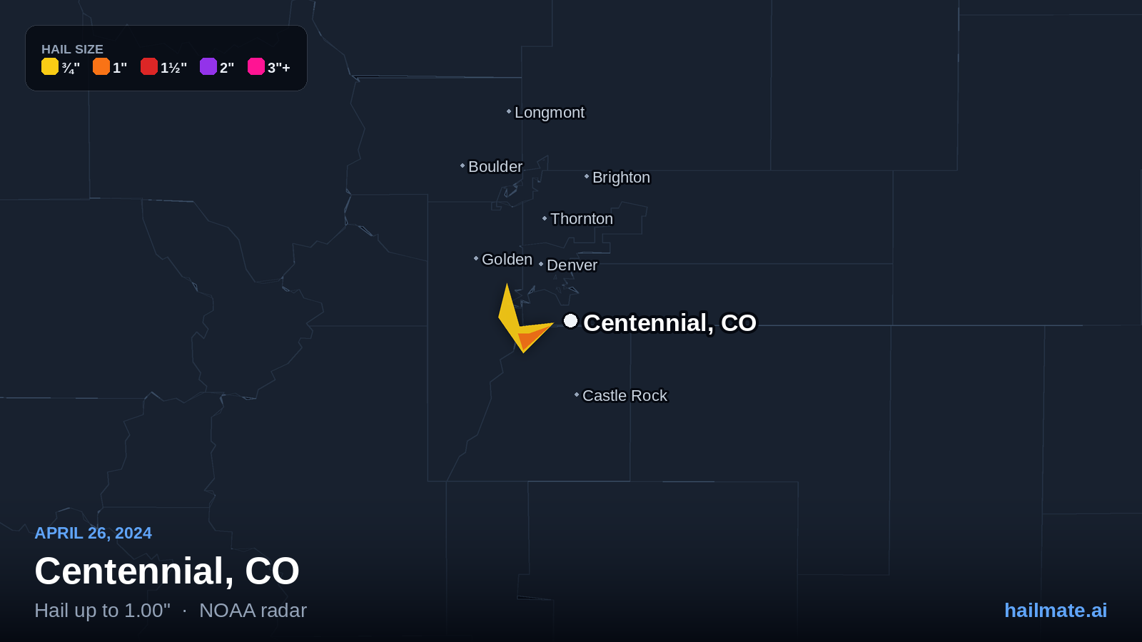 Hail swath map for Centennial, CO on April 26, 2024 showing 1.00 inch hail.