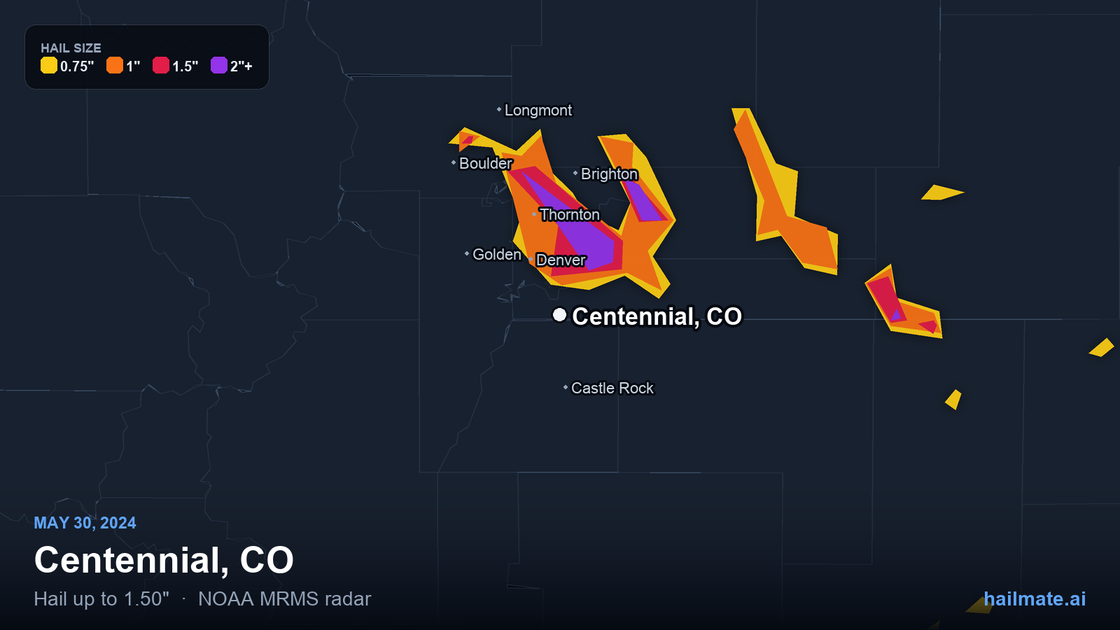 Hail swath map for Centennial, CO on May 30, 2024 showing 1.50 inch hail.
