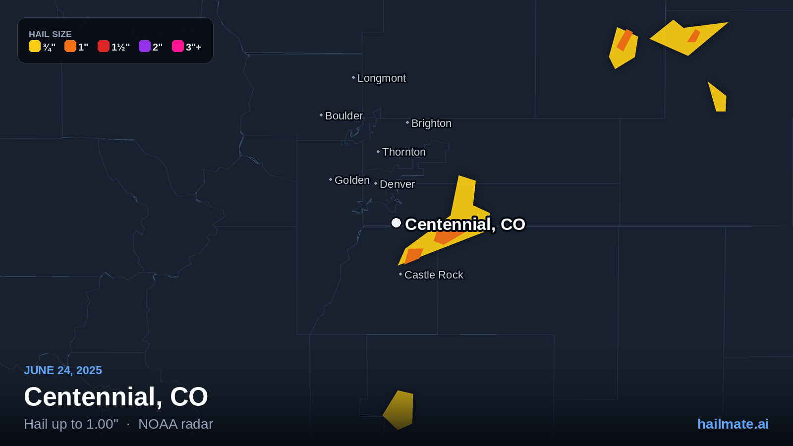 Hail swath map for Centennial, CO on June 24, 2025 showing 1.00 inch hail.