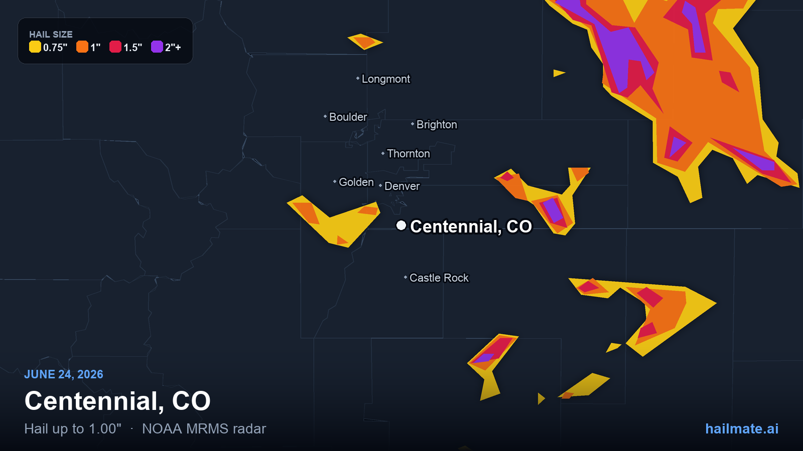 Hail swath map for Centennial, CO on June 24, 2026 showing 1.00 inch hail.