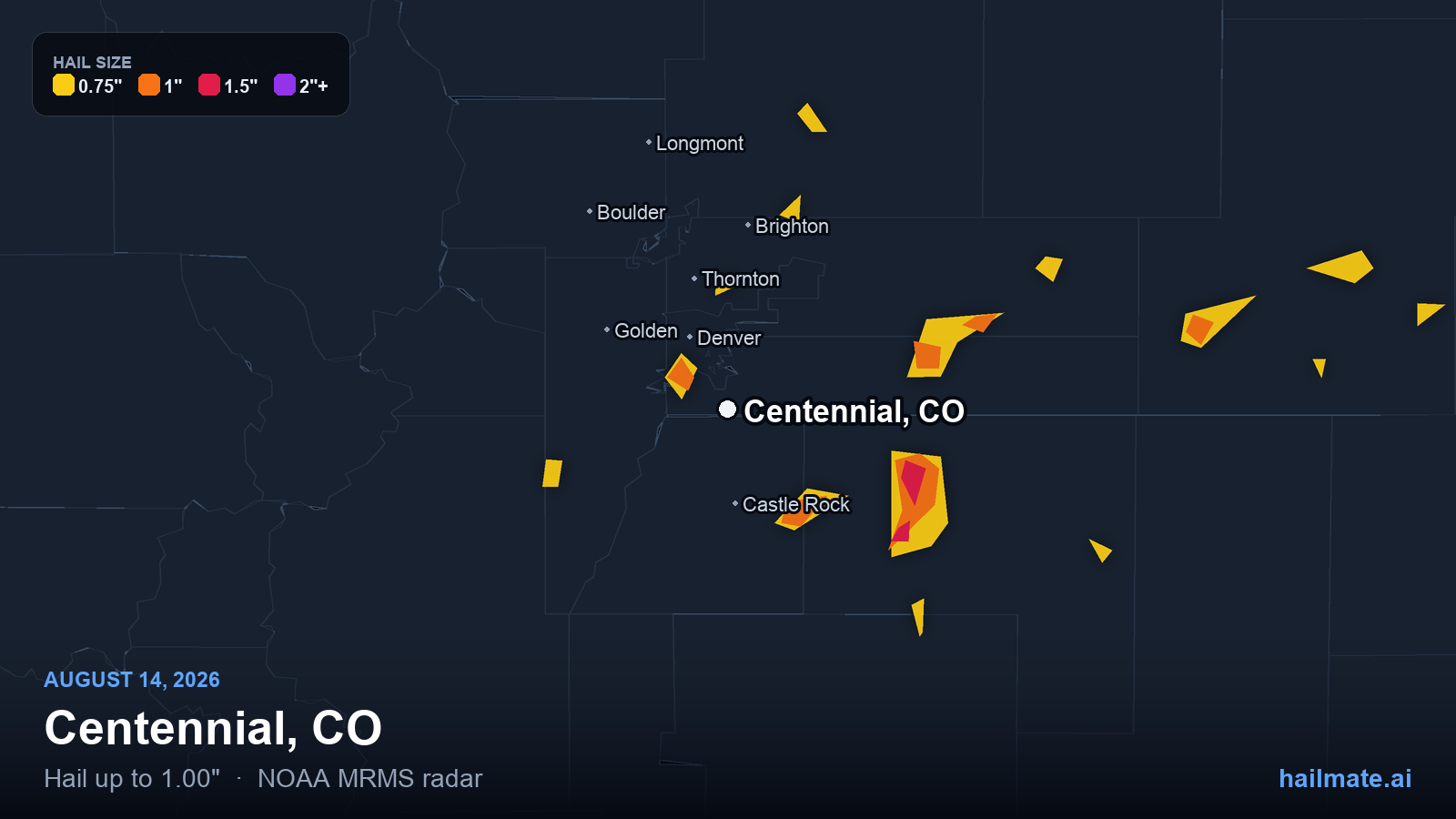 Hail swath map for Centennial, CO on August 14, 2026 showing 1.00 inch hail.