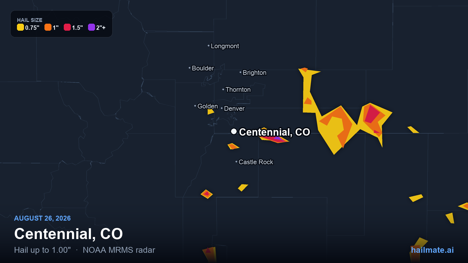 Hail swath map for Centennial, CO on August 26, 2026 showing 1.00 inch hail.