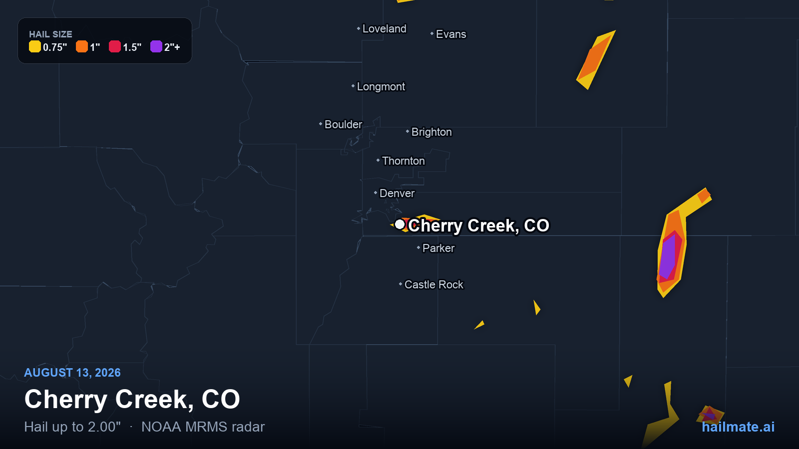 Hail swath map for Cherry Creek, CO on August 13, 2026 showing 2.00 inch hail.