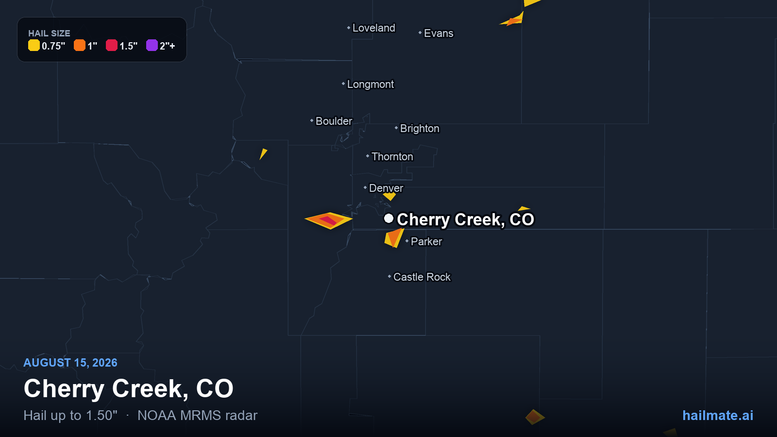 Hail swath map for Cherry Creek, CO on August 15, 2026 showing 1.50 inch hail.