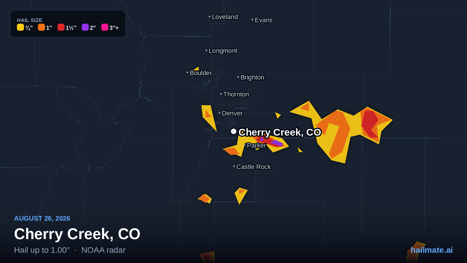 Hail swath map for Cherry Creek, CO on August 26, 2026 showing 1.00 inch hail.