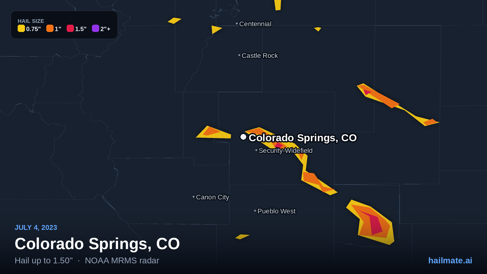 Hail swath map for Colorado Springs, CO on July 4, 2023 showing 1.50 inch hail.