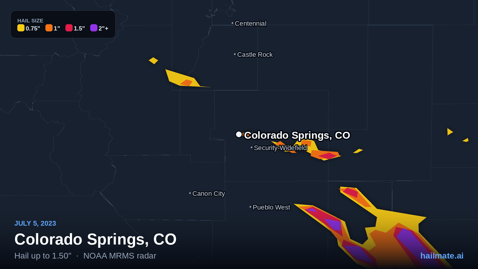 Hail swath map for Colorado Springs, CO on July 5, 2023 showing 1.50 inch hail.