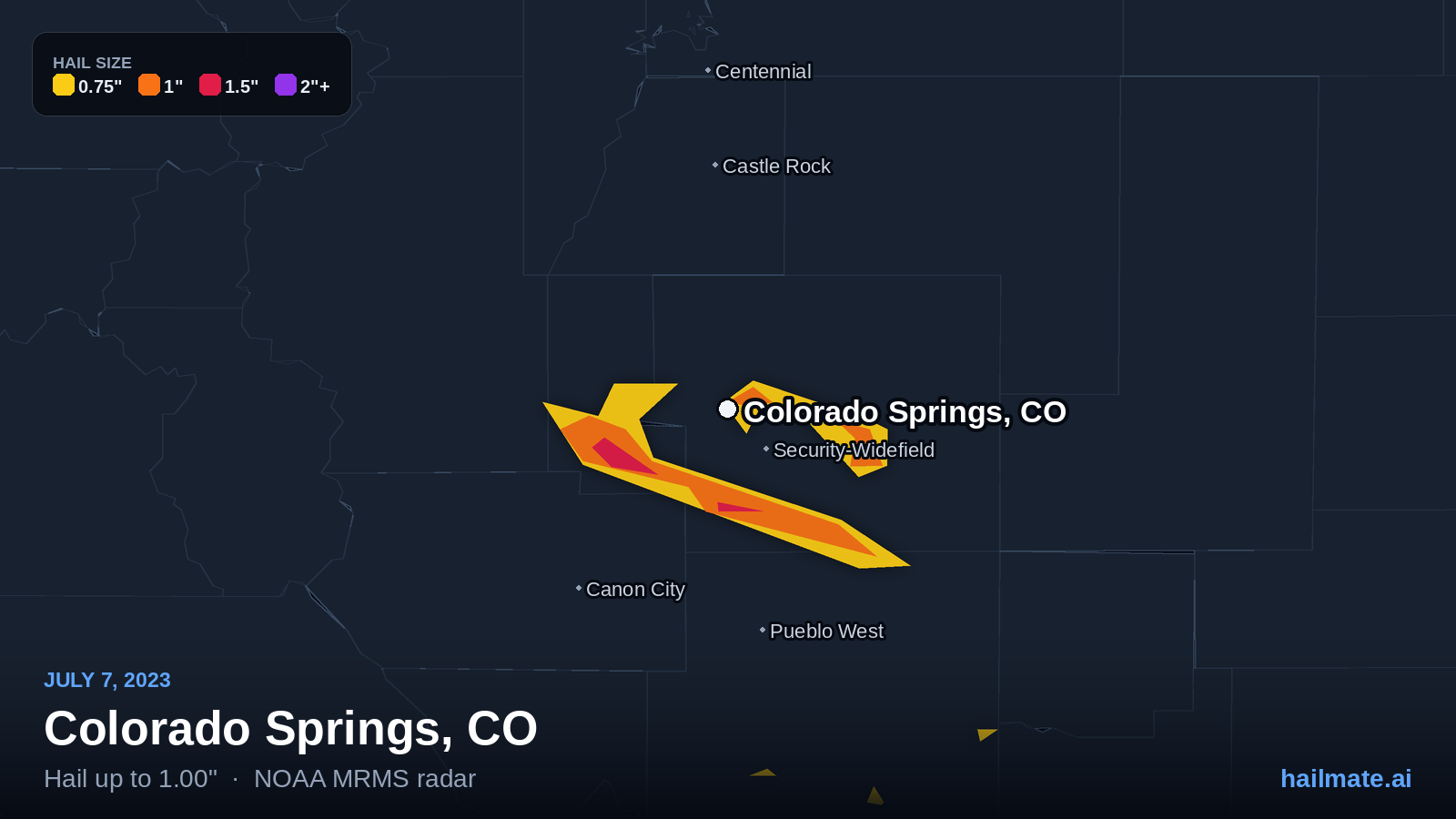 Hail swath map for Colorado Springs, CO on July 7, 2023 showing 1.00 inch hail.