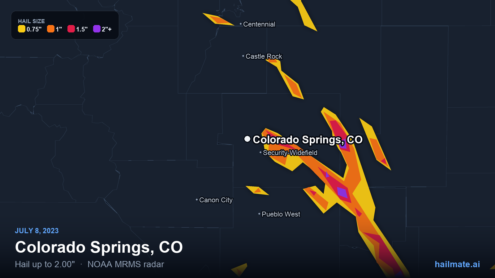 Hail swath map for Colorado Springs, CO on July 8, 2023 showing 2.00 inch hail.