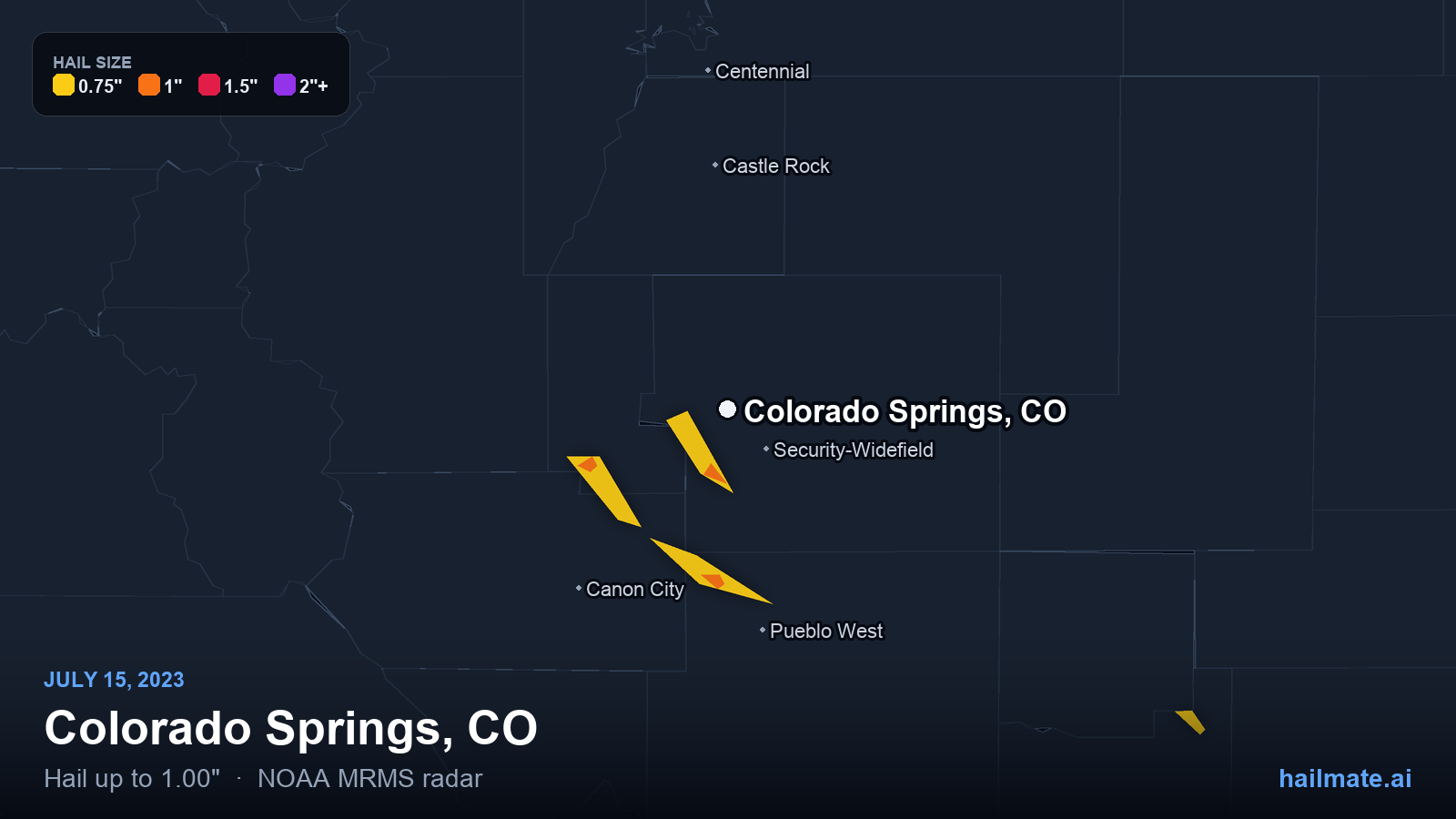 Hail swath map for Colorado Springs, CO on July 15, 2023 showing 1.00 inch hail.