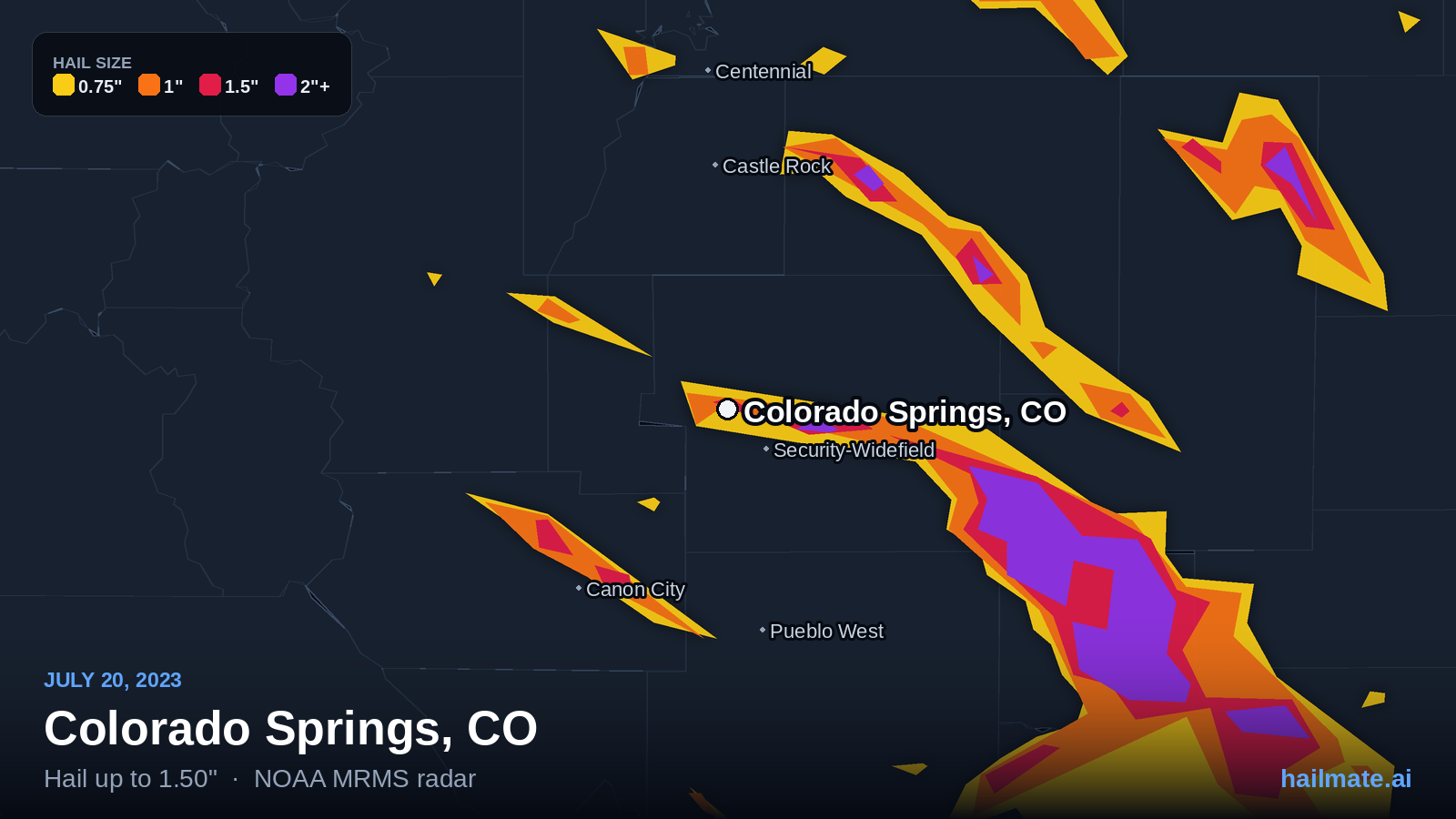 Hail swath map for Colorado Springs, CO on July 20, 2023 showing 1.50 inch hail.