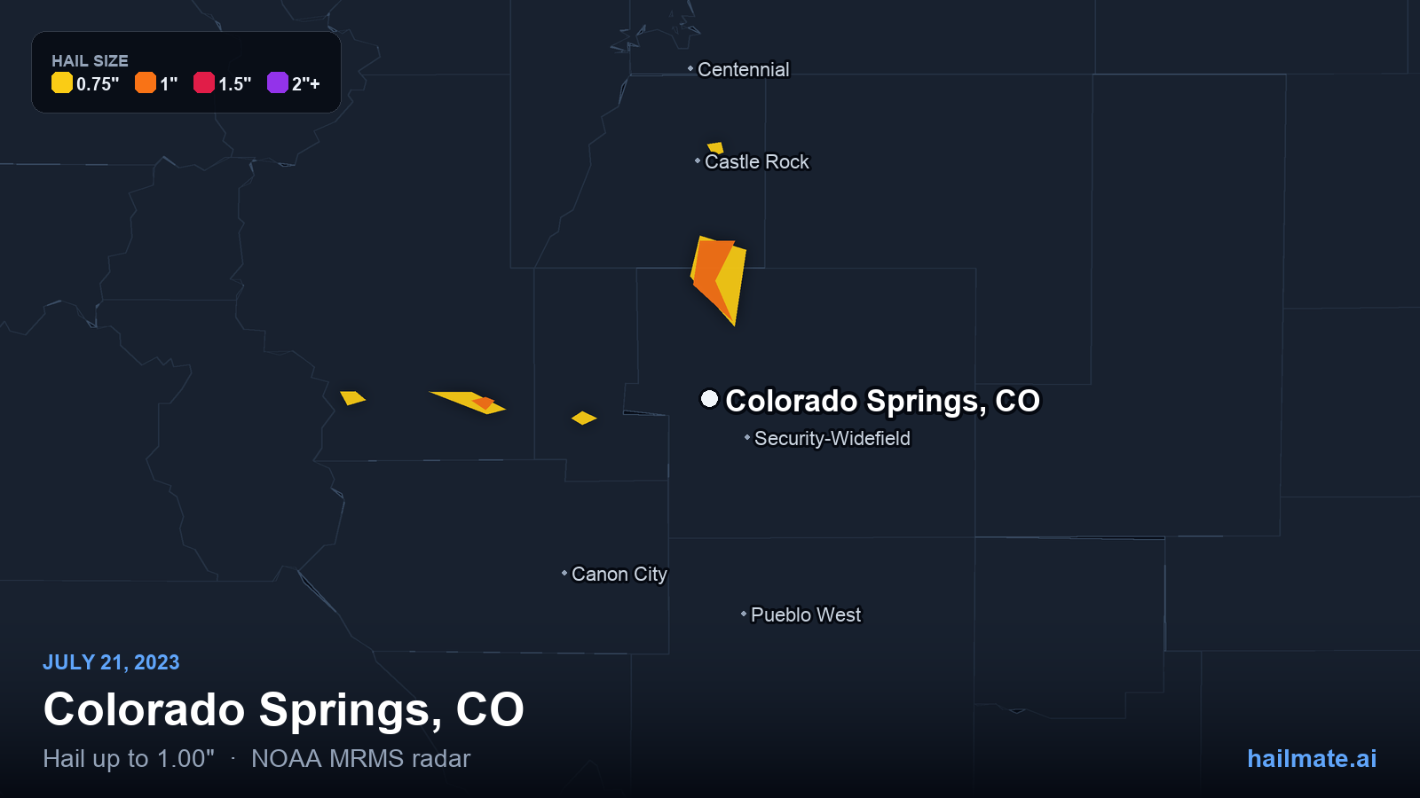 Hail swath map for Colorado Springs, CO on July 21, 2023 showing 1.00 inch hail.