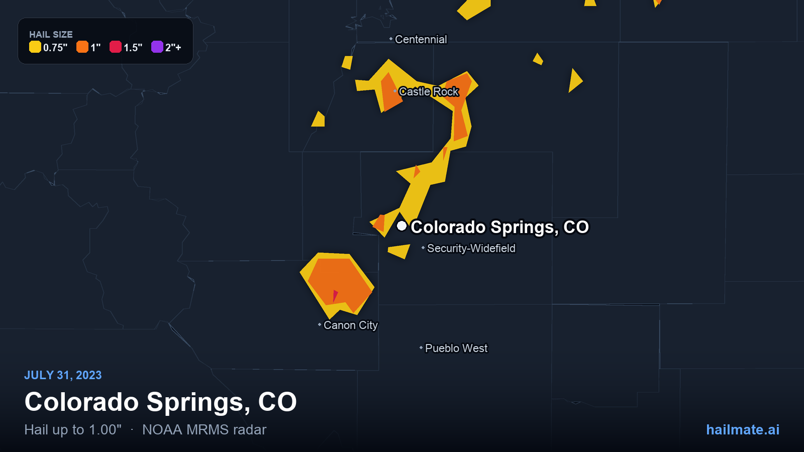 Hail swath map for Colorado Springs, CO on July 31, 2023 showing 1.00 inch hail.