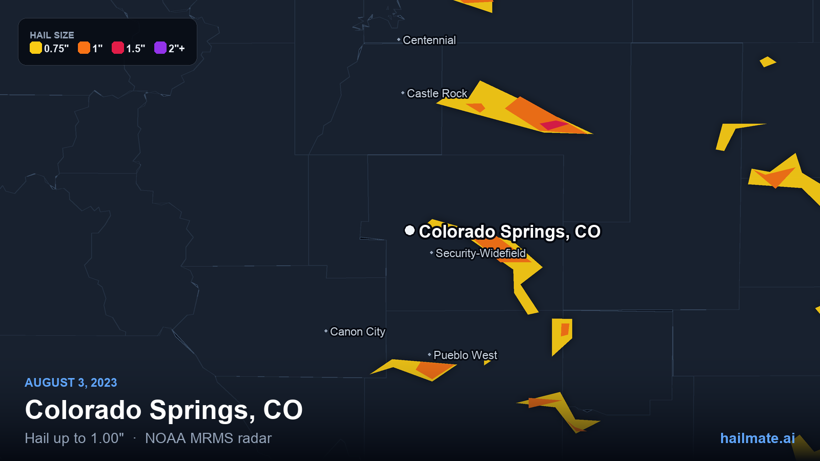 Hail swath map for Colorado Springs, CO on August 3, 2023 showing 1.00 inch hail.