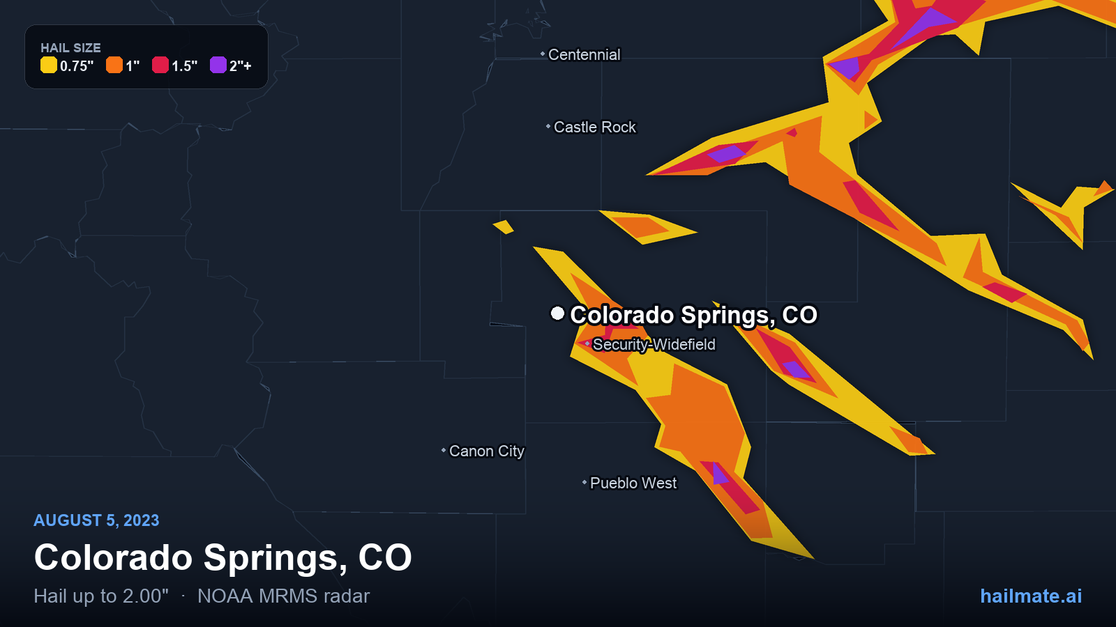 Hail swath map for Colorado Springs, CO on August 5, 2023 showing 2.00 inch hail.