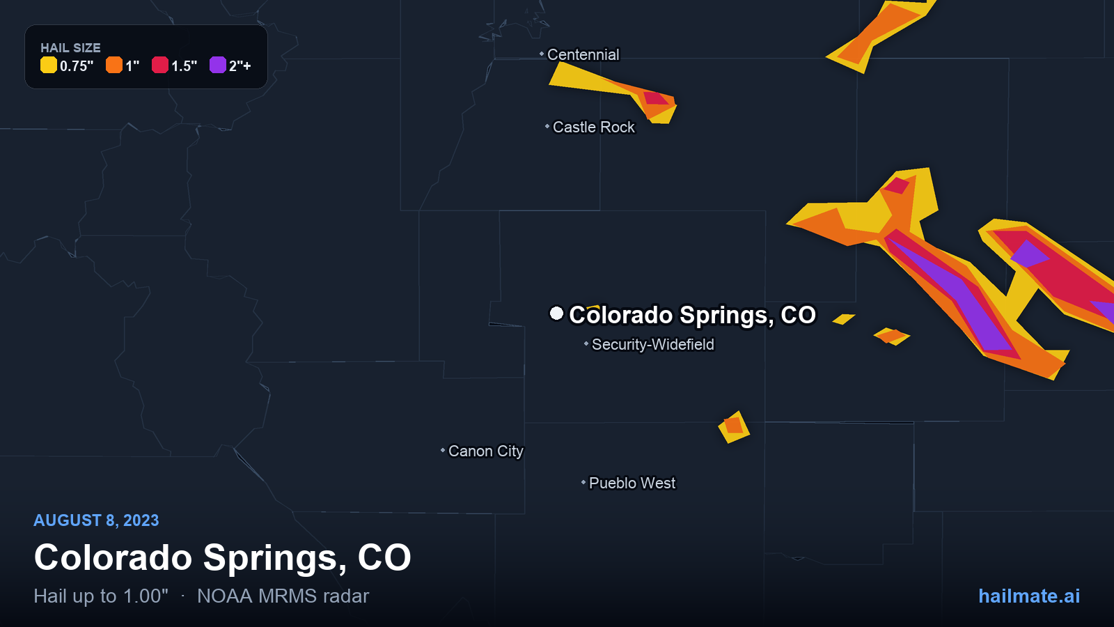 Hail swath map for Colorado Springs, CO on August 8, 2023 showing 1.00 inch hail.