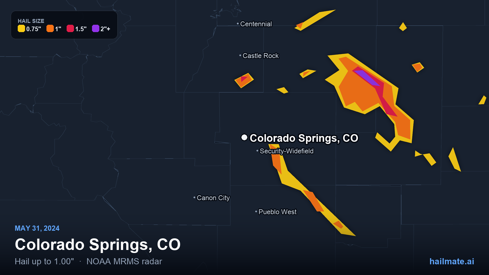 Hail swath map for Colorado Springs, CO on May 31, 2024 showing 1.00 inch hail.
