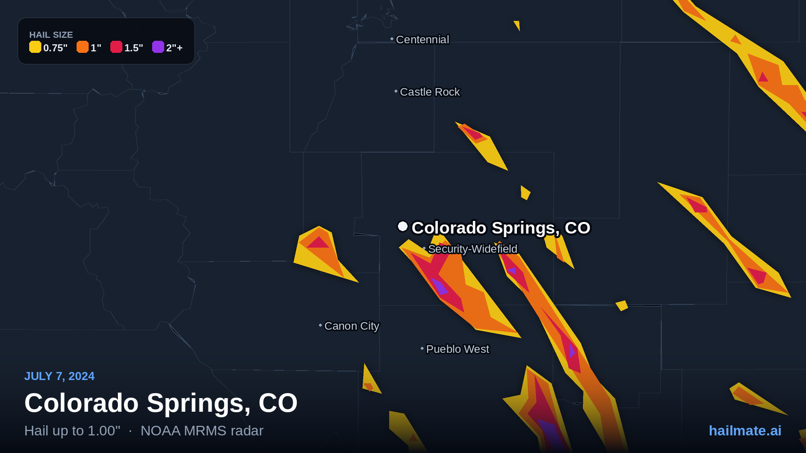 Hail swath map for Colorado Springs, CO on July 7, 2024 showing 1.00 inch hail.