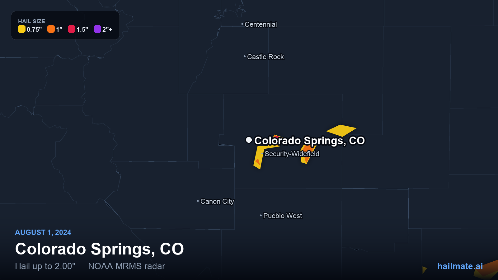 Hail swath map for Colorado Springs, CO on August 1, 2024 showing 2.00 inch hail.