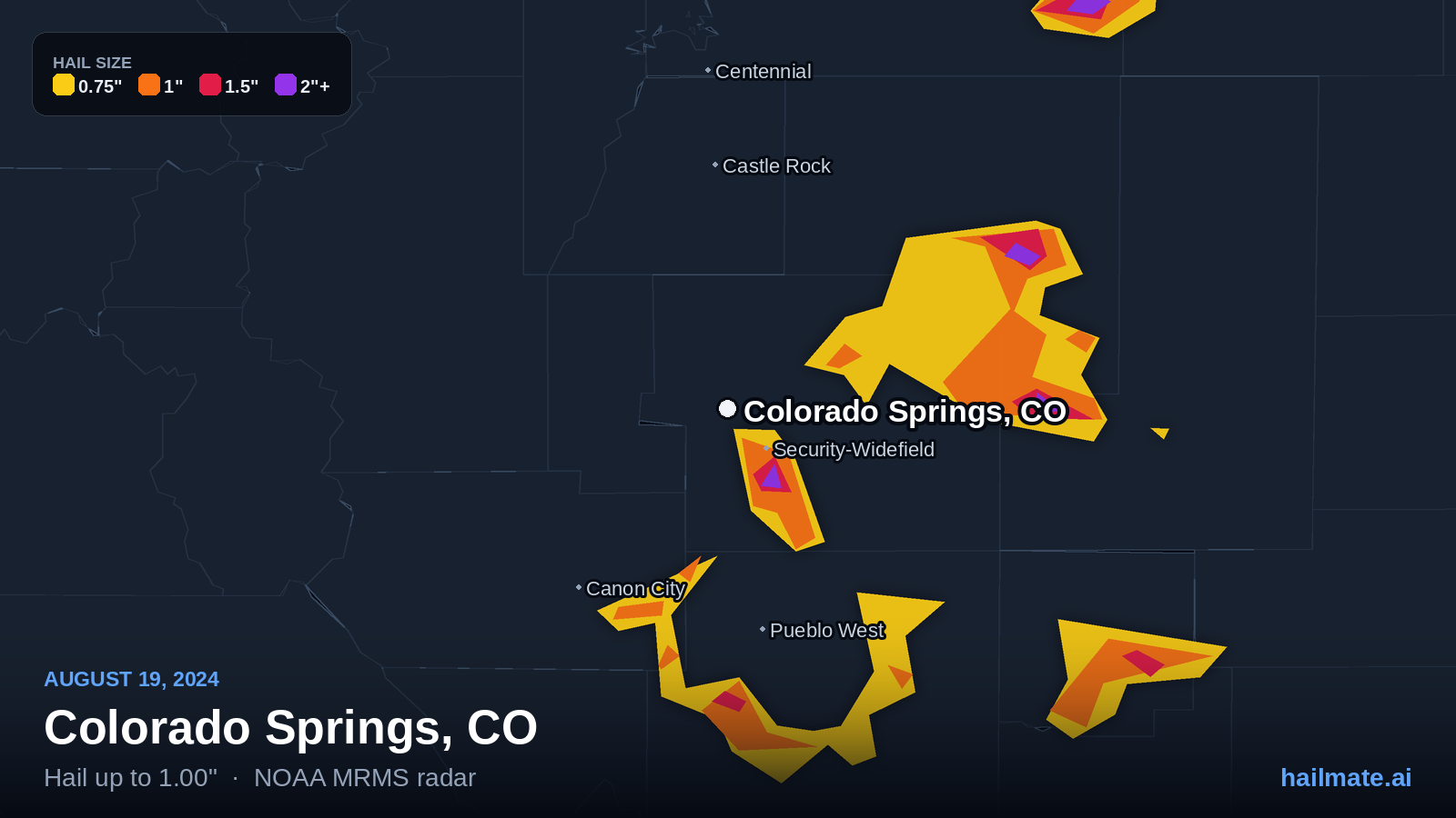 Hail swath map for Colorado Springs, CO on August 19, 2024 showing 1.00 inch hail.