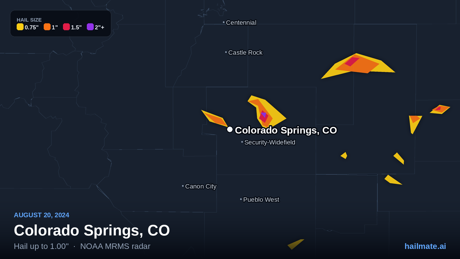 Hail swath map for Colorado Springs, CO on August 20, 2024 showing 1.00 inch hail.