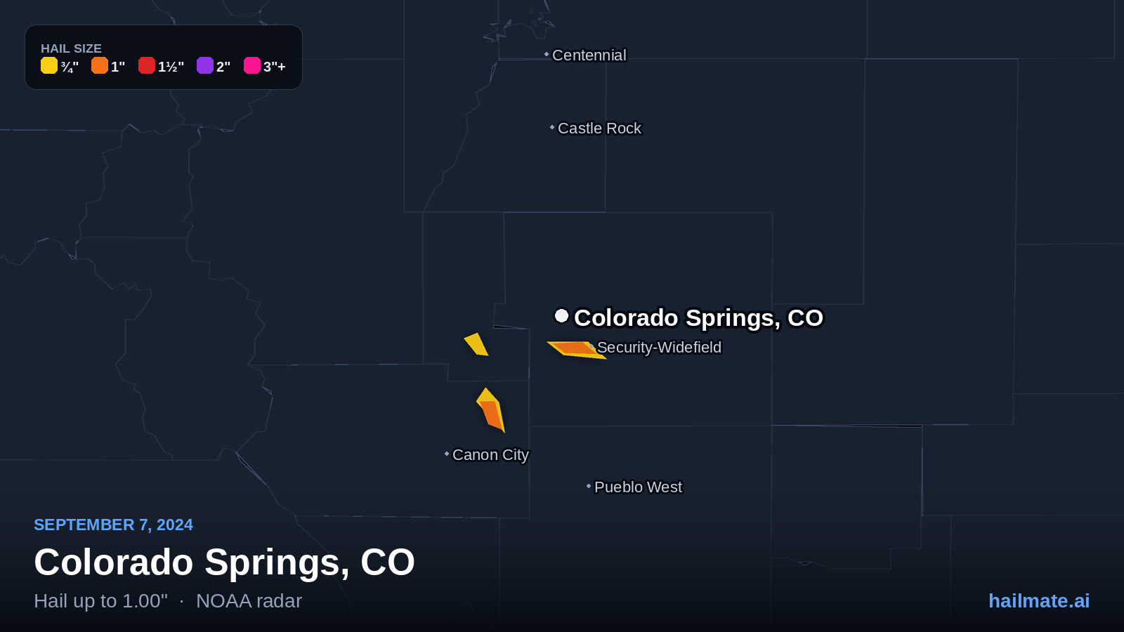 Hail swath map for Colorado Springs, CO on September 7, 2024 showing 1.00 inch hail.