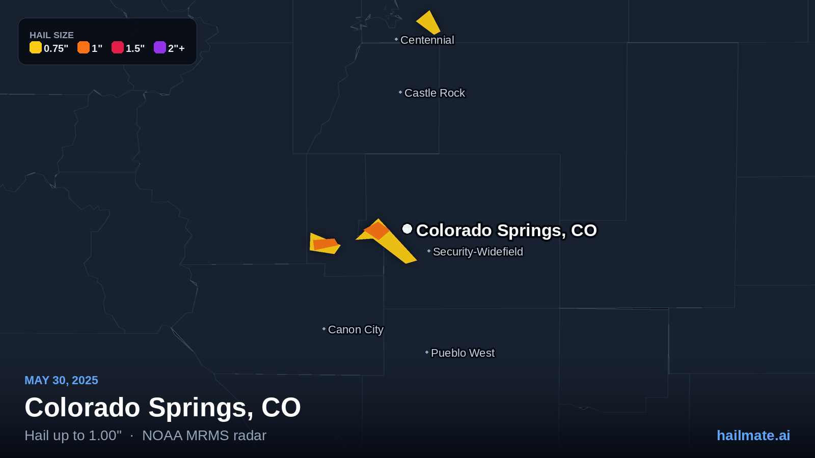 Hail swath map for Colorado Springs, CO on May 30, 2025 showing 1.00 inch hail.