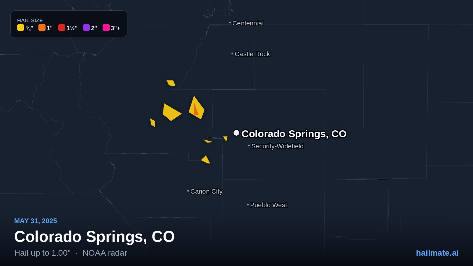 Hail swath map for Colorado Springs, CO on May 31, 2025 showing 1.00 inch hail.