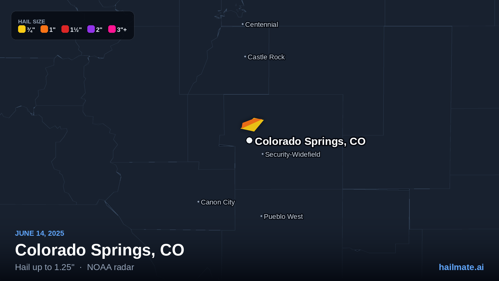 Hail swath map for Colorado Springs, CO on June 14, 2025 showing 1.25 inch hail.