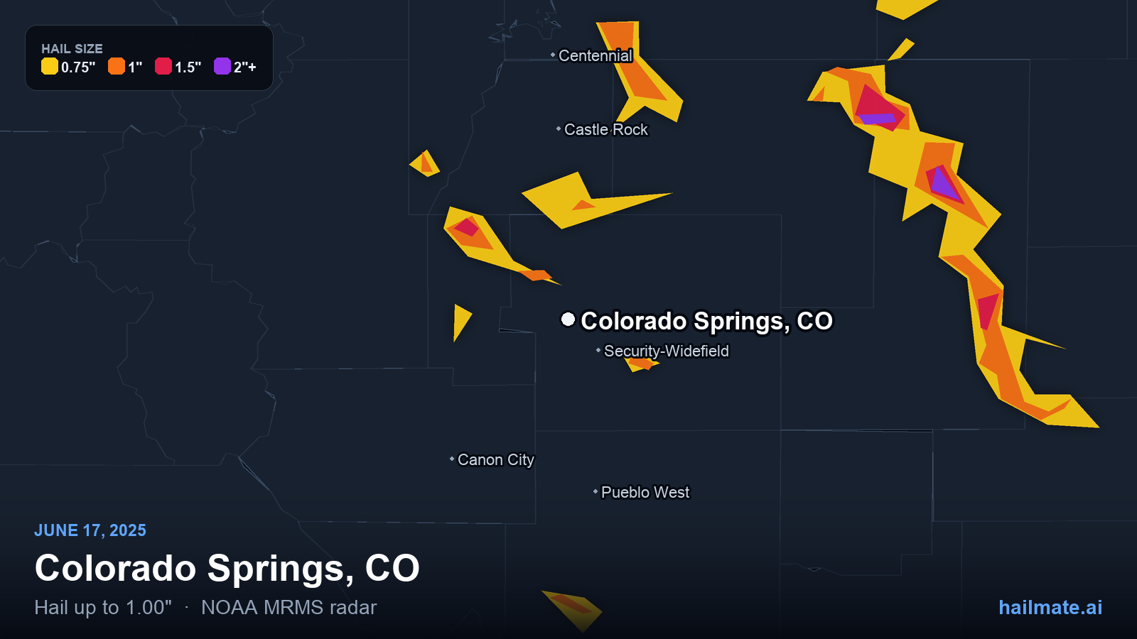 Hail swath map for Colorado Springs, CO on June 17, 2025 showing 1.00 inch hail.