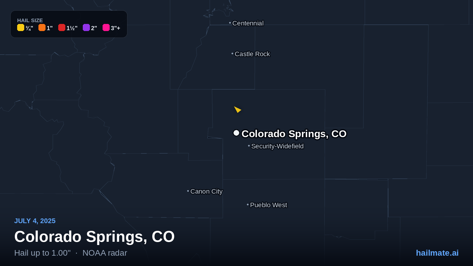 Hail swath map for Colorado Springs, CO on July 4, 2025 showing 1.00 inch hail.