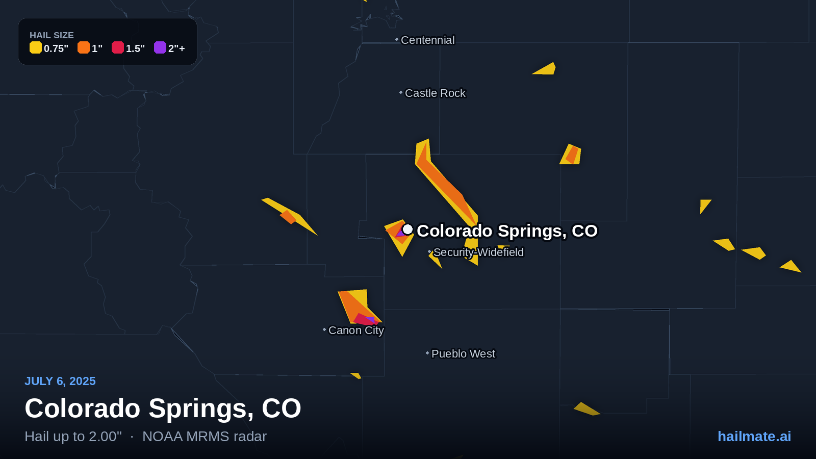 Hail swath map for Colorado Springs, CO on July 6, 2025 showing 2.00 inch hail.