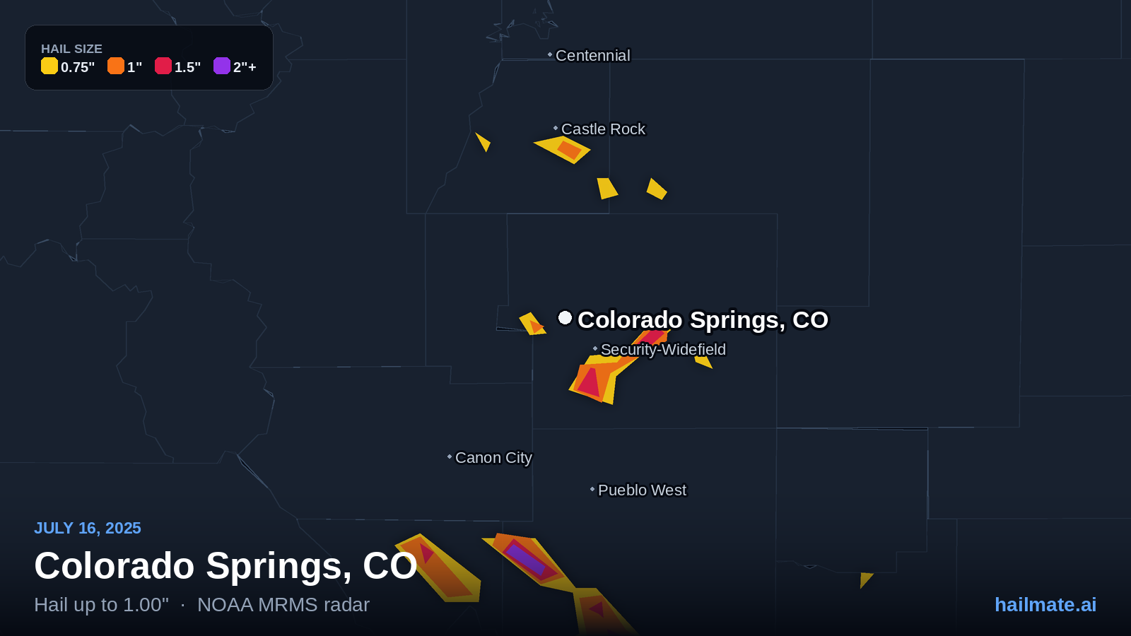 Hail swath map for Colorado Springs, CO on July 16, 2025 showing 1.00 inch hail.