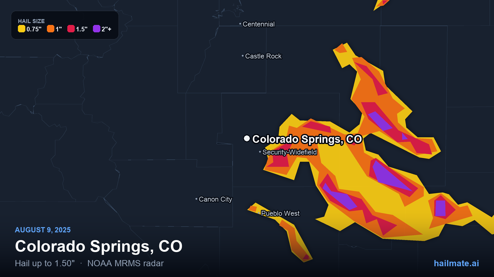 Hail swath map for Colorado Springs, CO on August 9, 2025 showing 1.50 inch hail.