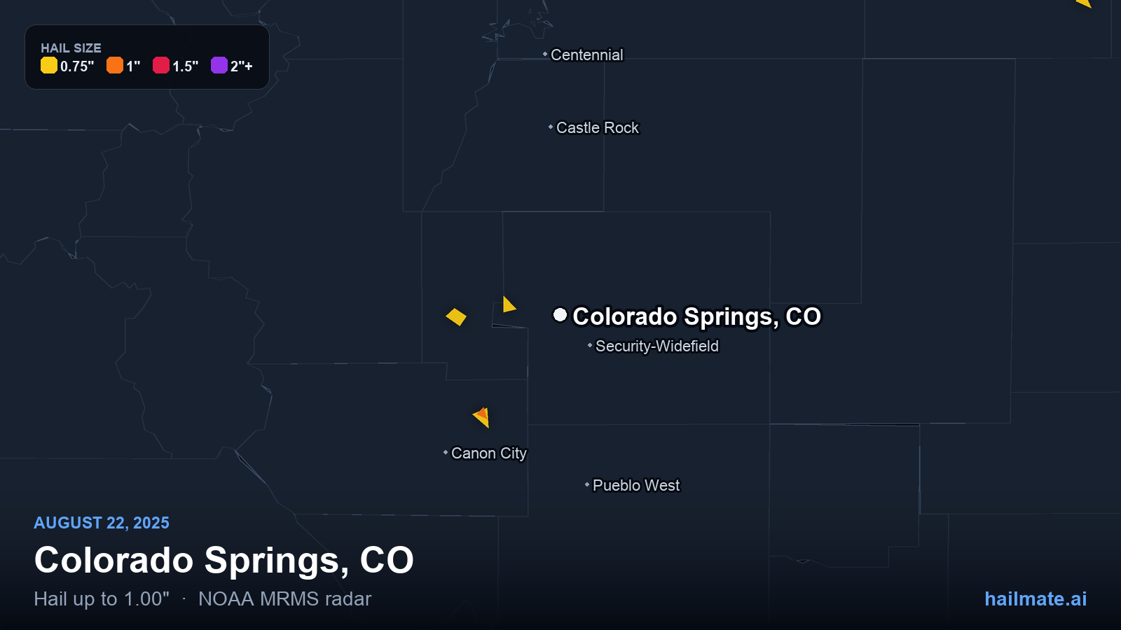 Hail swath map for Colorado Springs, CO on August 22, 2025 showing 1.00 inch hail.