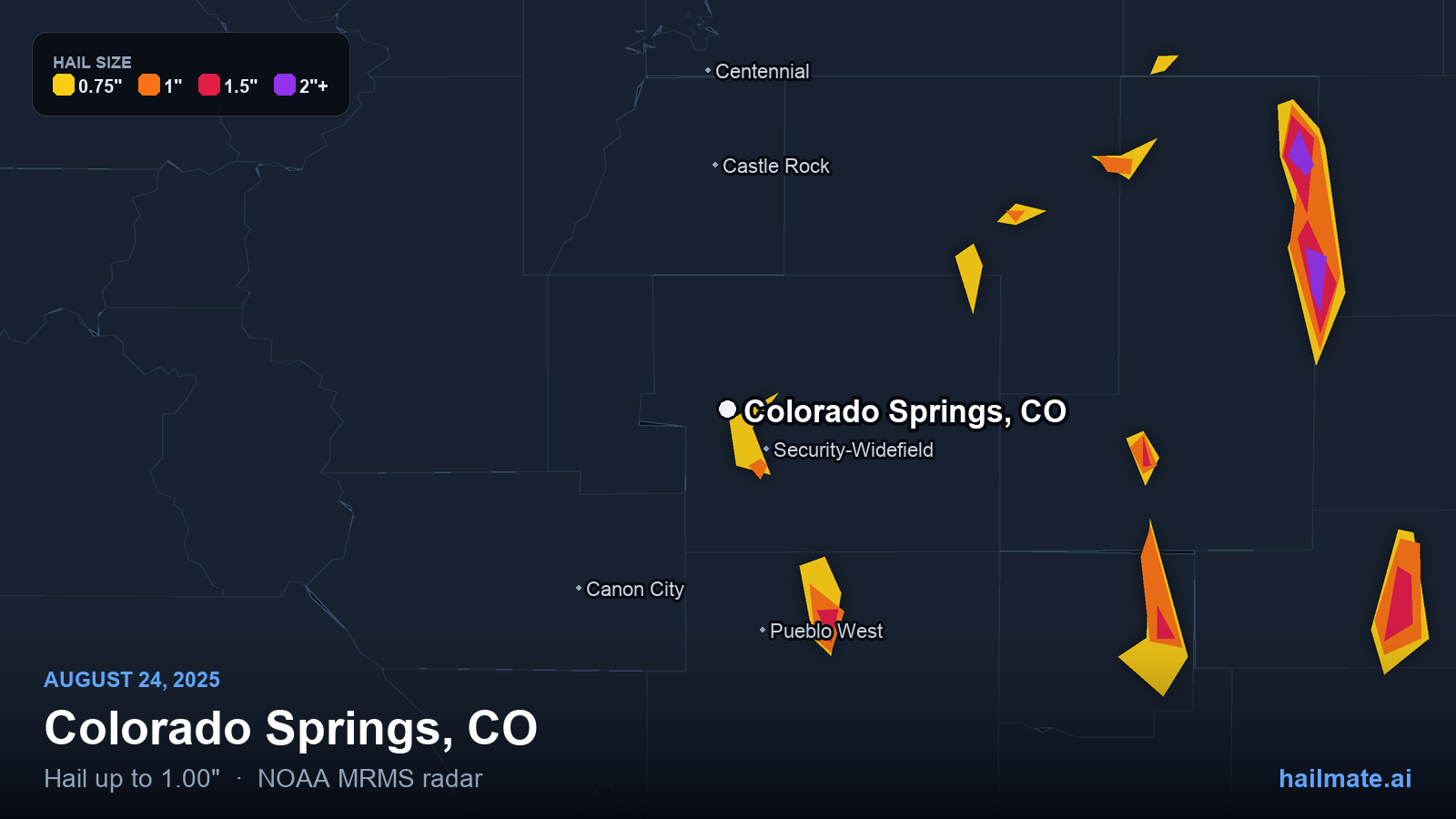 Hail swath map for Colorado Springs, CO on August 24, 2025 showing 1.00 inch hail.