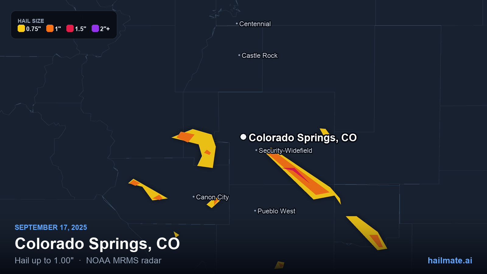 Hail swath map for Colorado Springs, CO on September 17, 2025 showing 1.00 inch hail.
