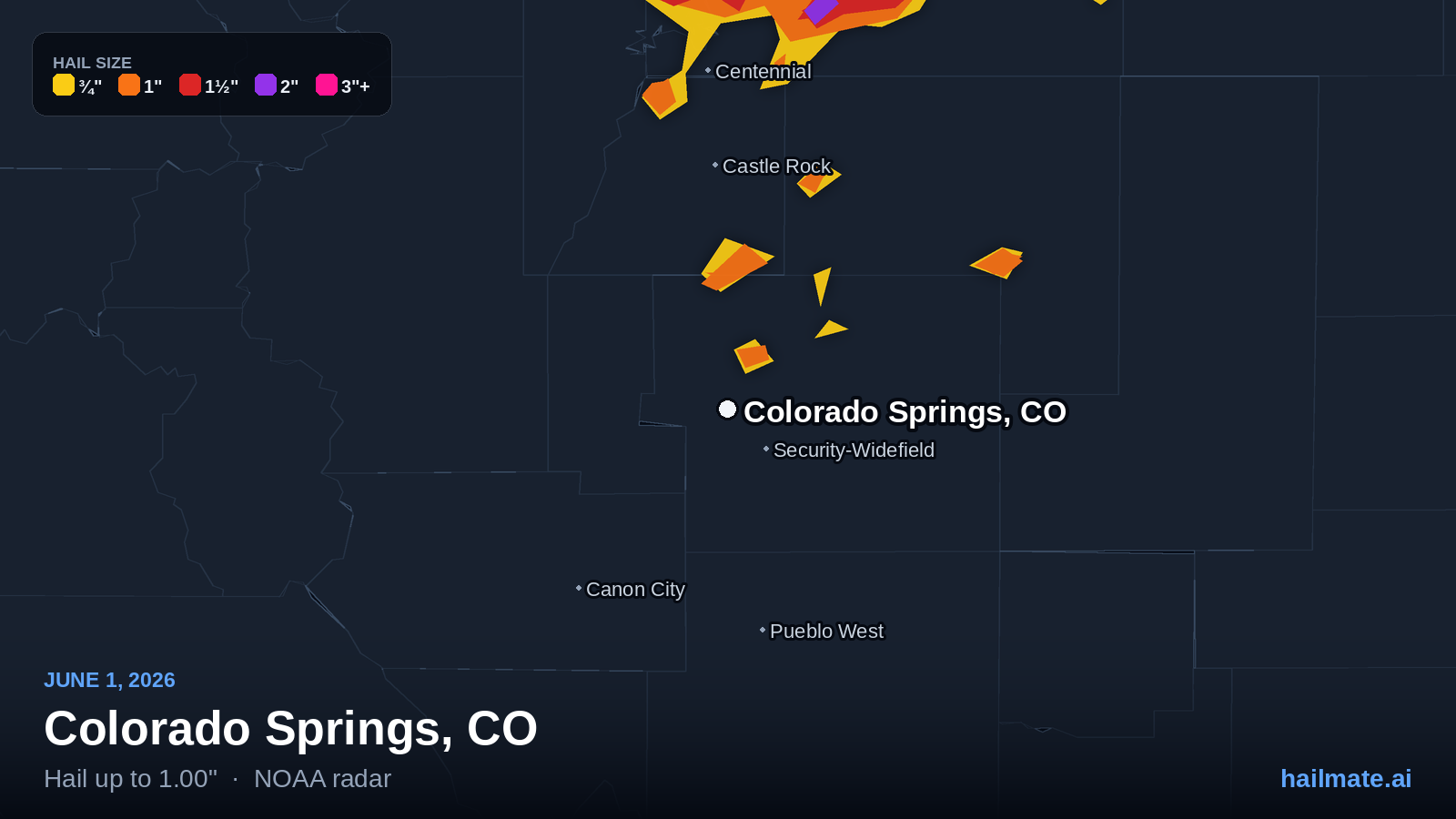 Hail swath map for Colorado Springs, CO on June 1, 2026 showing 1.00 inch hail.