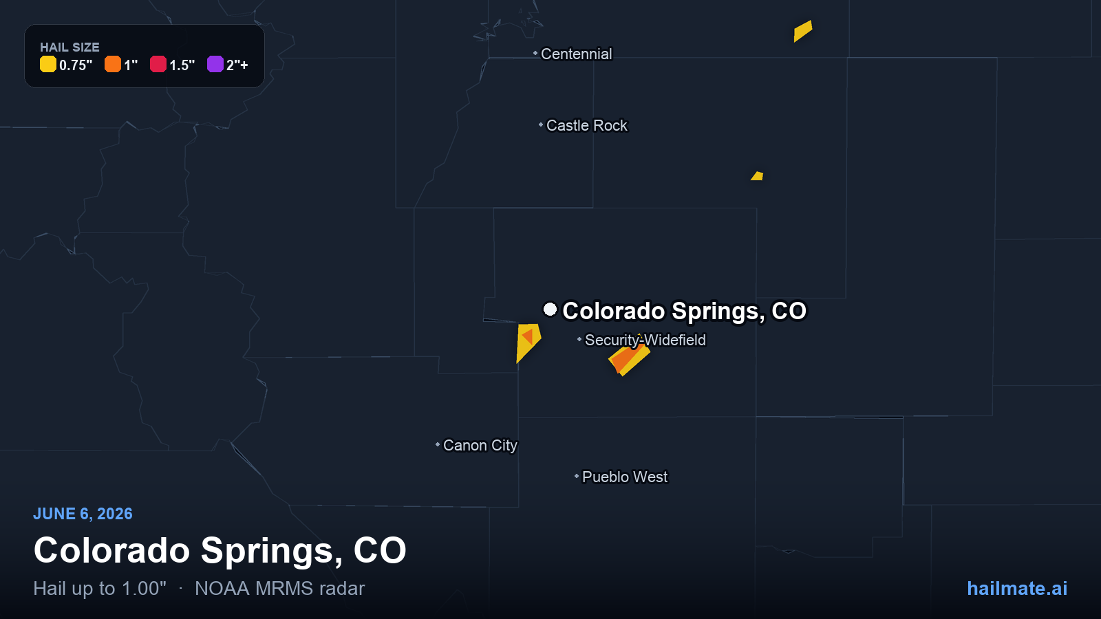 Hail swath map for Colorado Springs, CO on June 6, 2026 showing 1.00 inch hail.