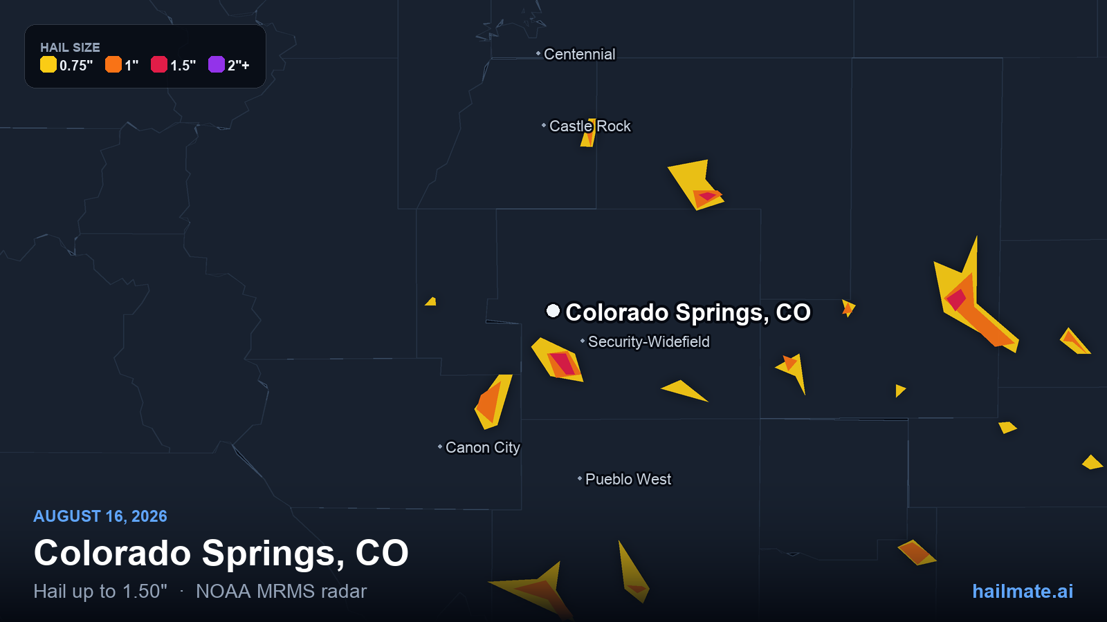 Hail swath map for Colorado Springs, CO on August 16, 2026 showing 1.50 inch hail.
