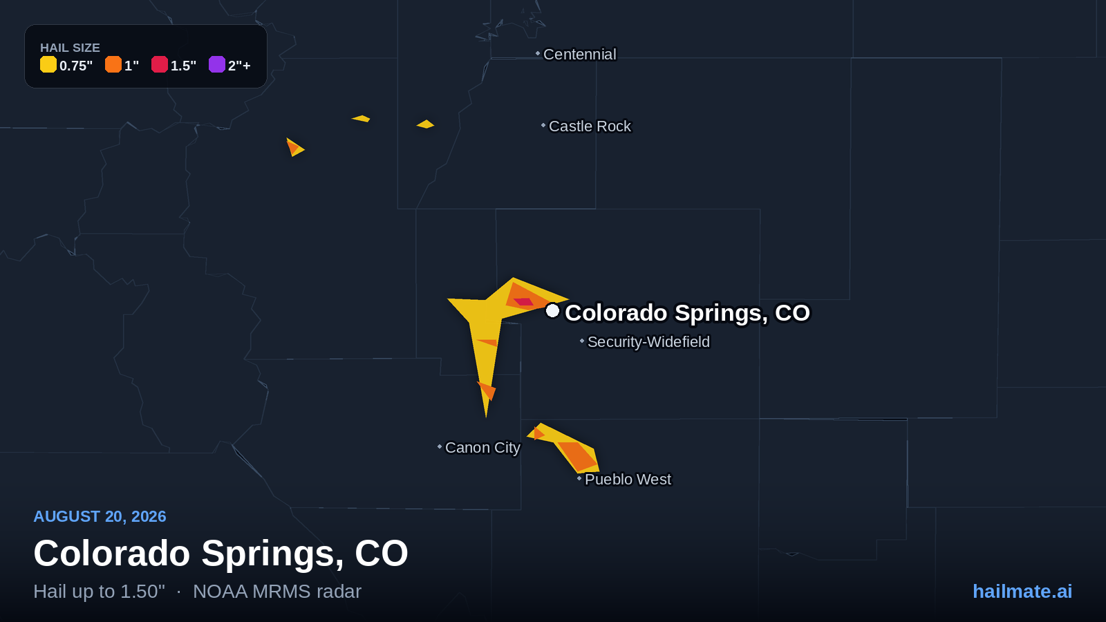 Hail swath map for Colorado Springs, CO on August 20, 2026 showing 1.50 inch hail.