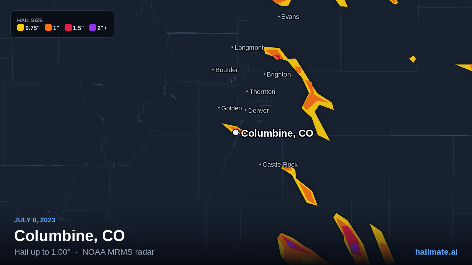 Hail swath map for Columbine, CO on July 8, 2023 showing 1.00 inch hail.