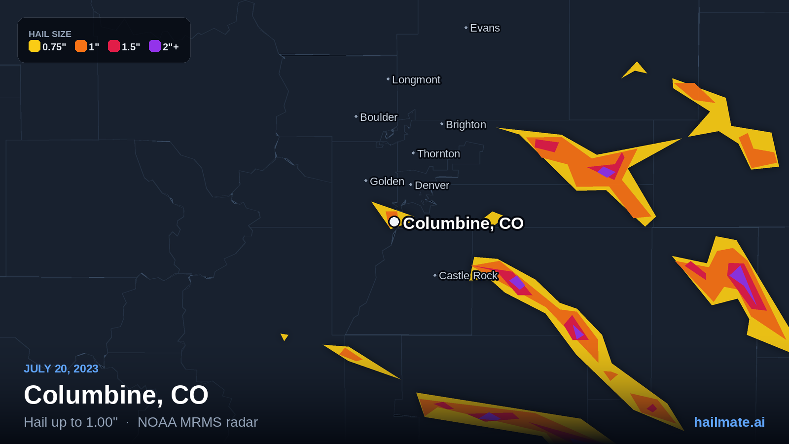 Hail swath map for Columbine, CO on July 20, 2023 showing 1.00 inch hail.