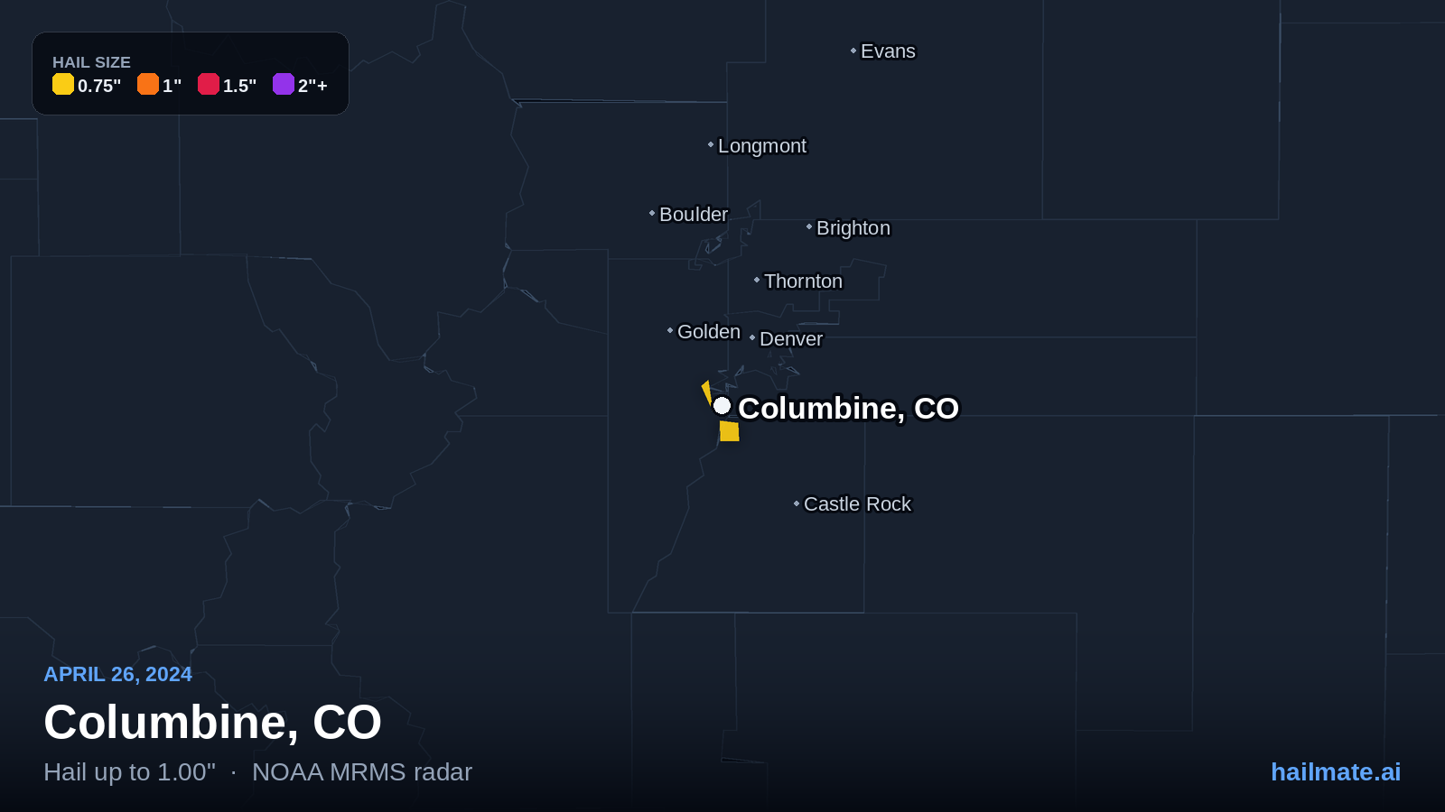 Hail swath map for Columbine, CO on April 26, 2024 showing 1.00 inch hail.