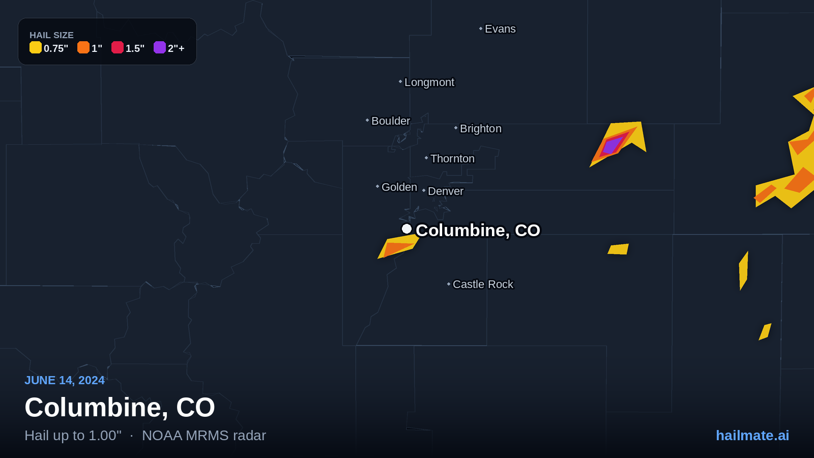 Hail swath map for Columbine, CO on June 14, 2024 showing 1.00 inch hail.