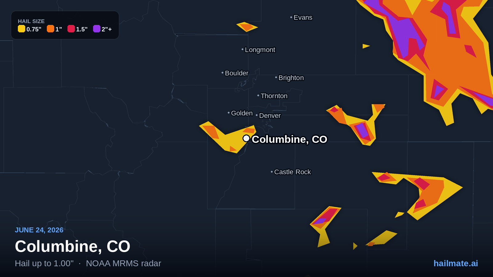 Hail swath map for Columbine, CO on June 24, 2026 showing 1.00 inch hail.