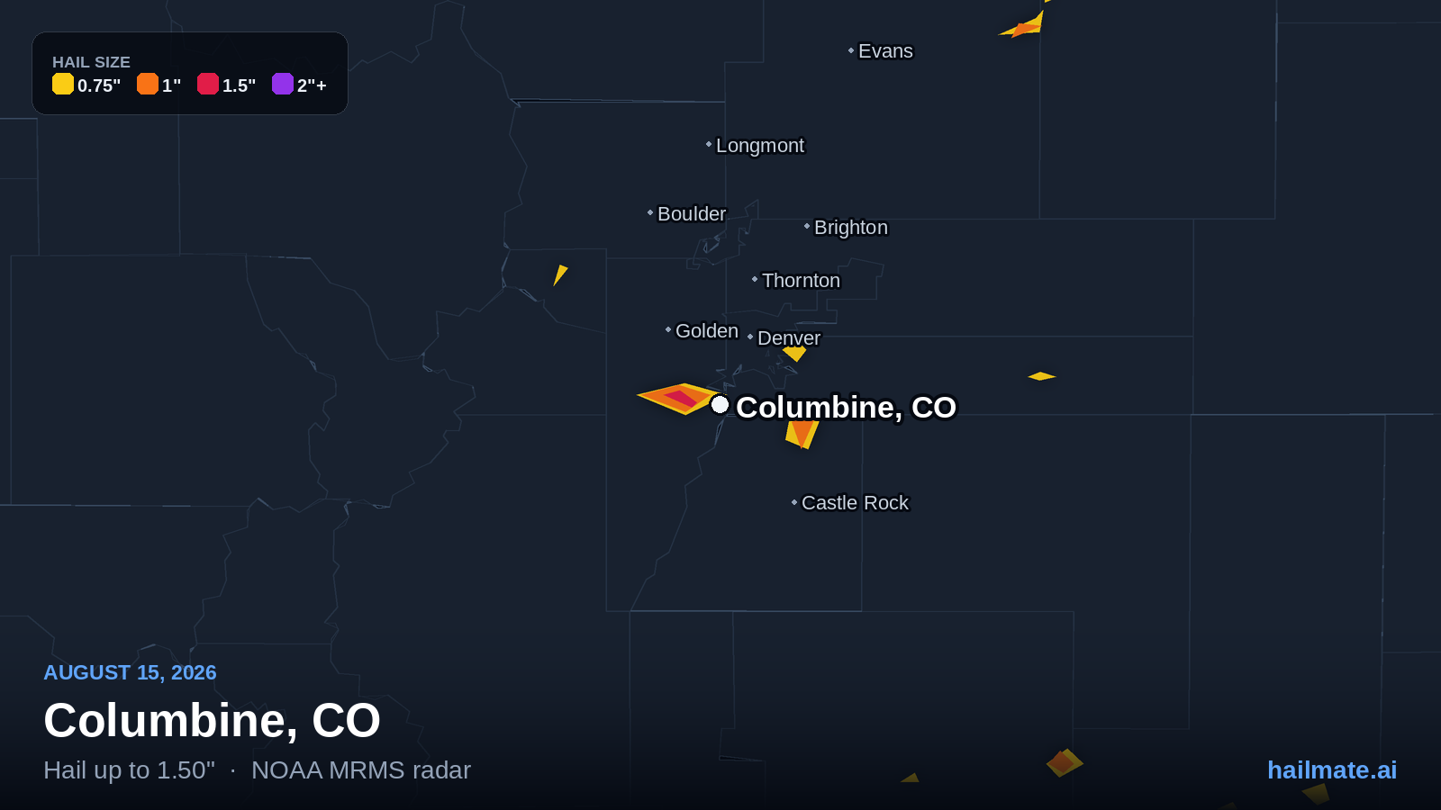 Hail swath map for Columbine, CO on August 15, 2026 showing 1.50 inch hail.