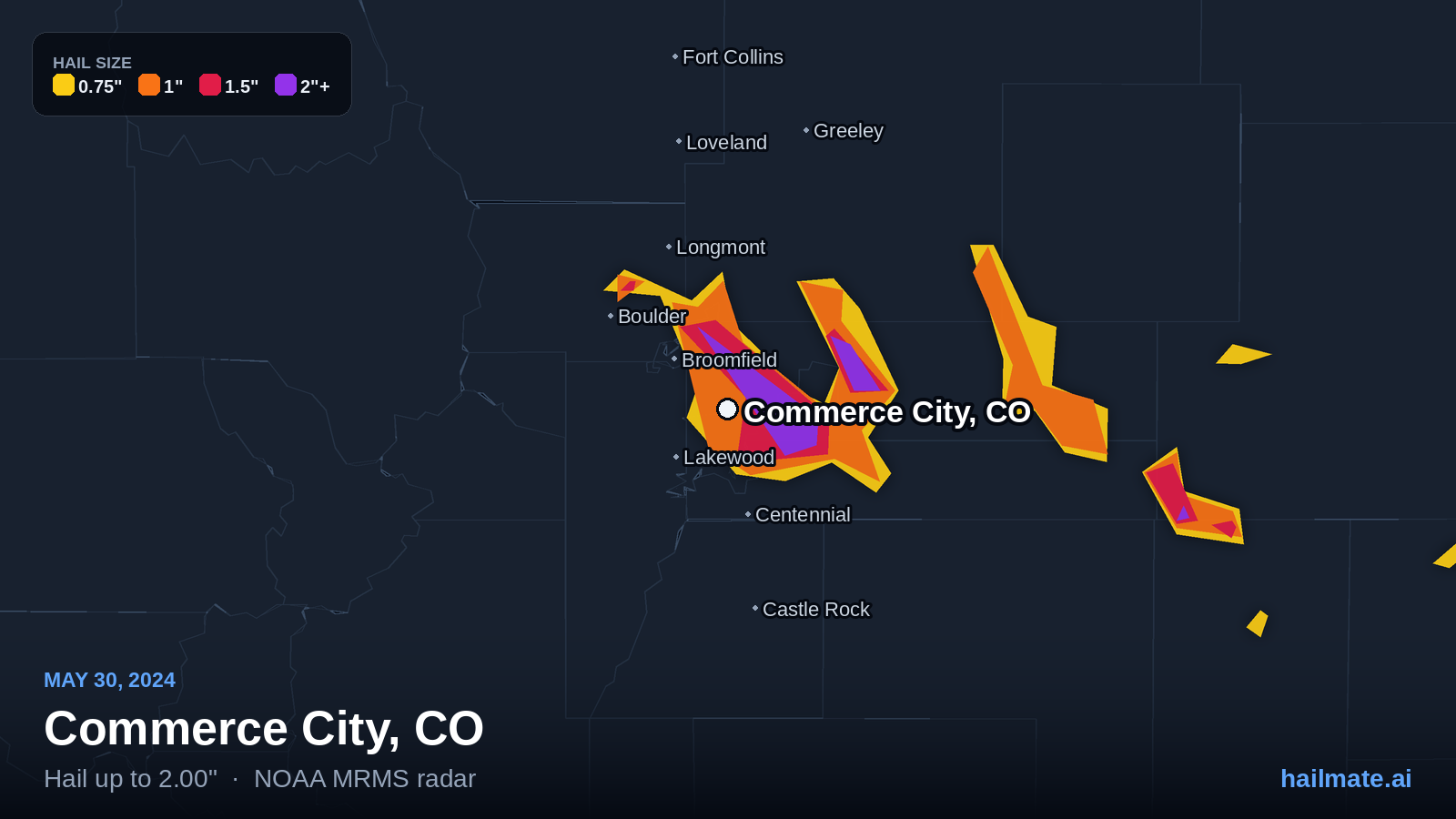 Hail swath map for Commerce City, CO on May 30, 2024 showing 2.00 inch hail.
