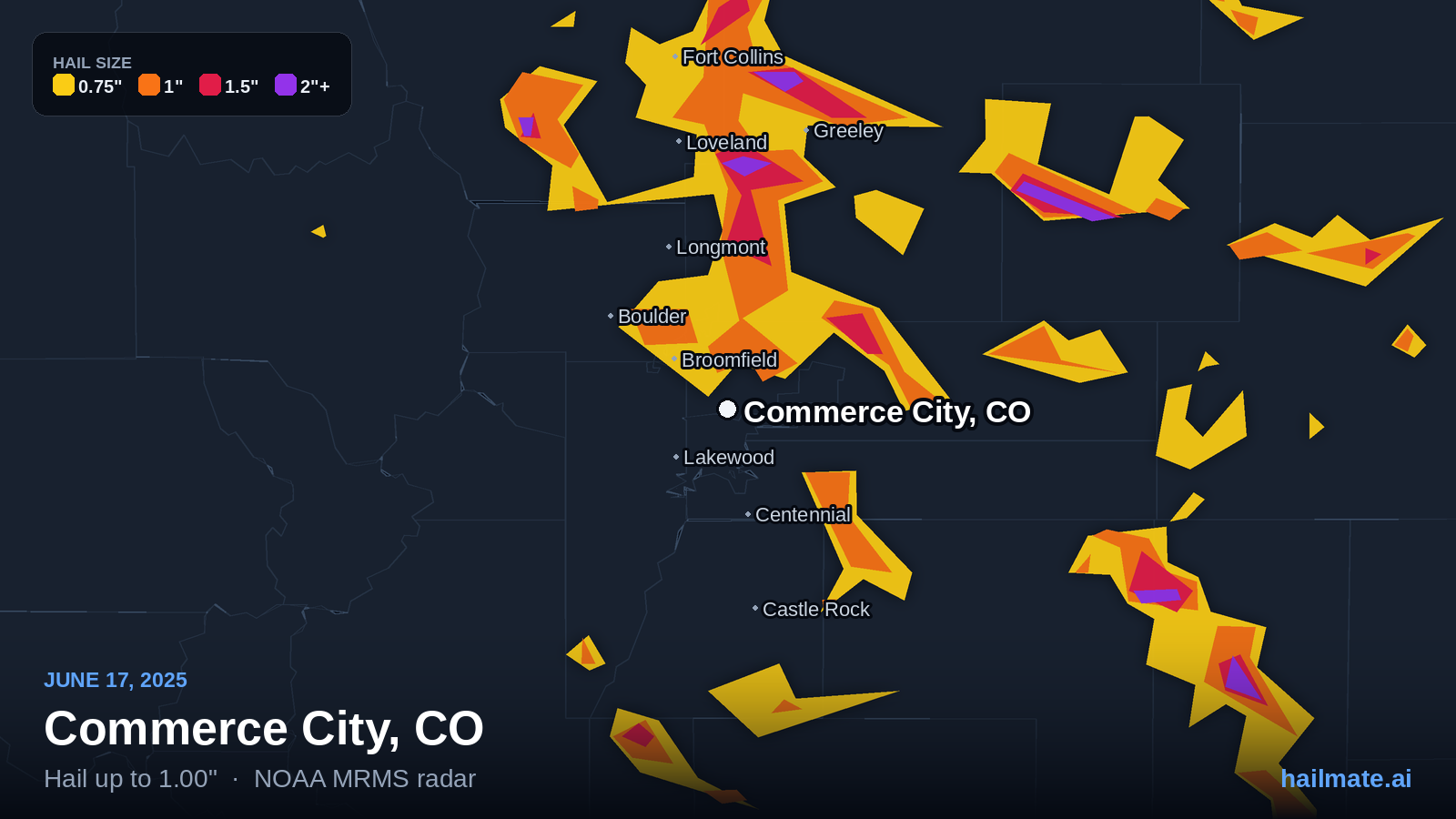 Hail swath map for Commerce City, CO on June 17, 2025 showing 1.00 inch hail.